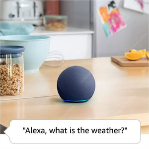 Smart speaker on a kitchen counter with a text bubble asking 'Alexa, what is the weather?'