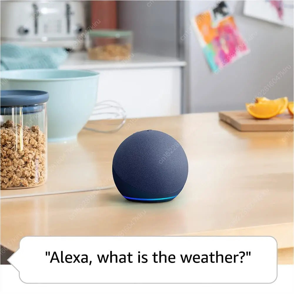 Smart speaker on a kitchen counter with a text bubble asking 'Alexa, what is the weather?'