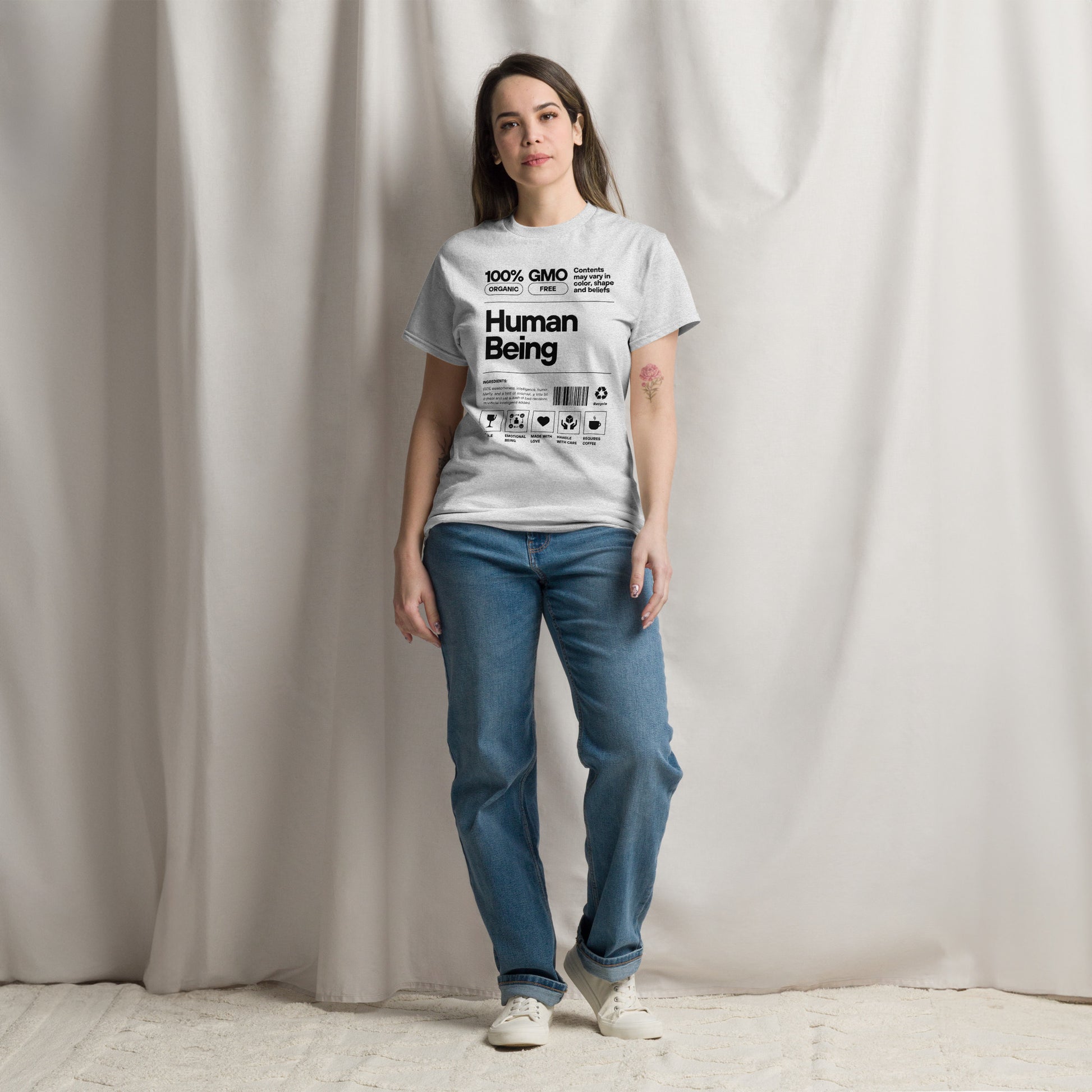 Human Being Label Tee- Funny Organic "Handle With Care" Graphic Shirt
