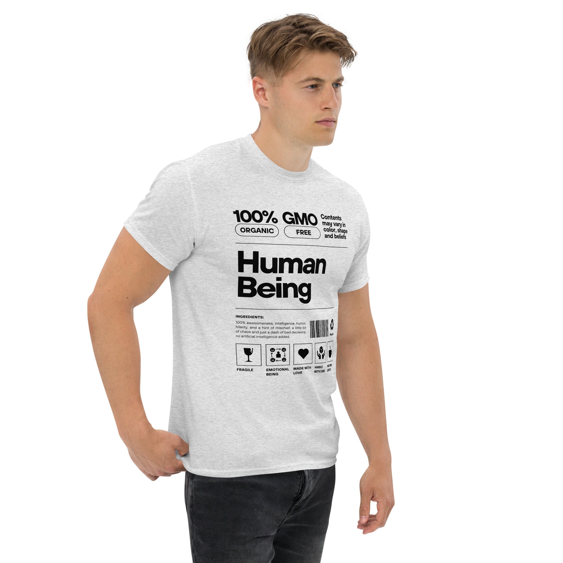 Human Being Label Tee- Funny Organic "Handle With Care" Graphic Shirt