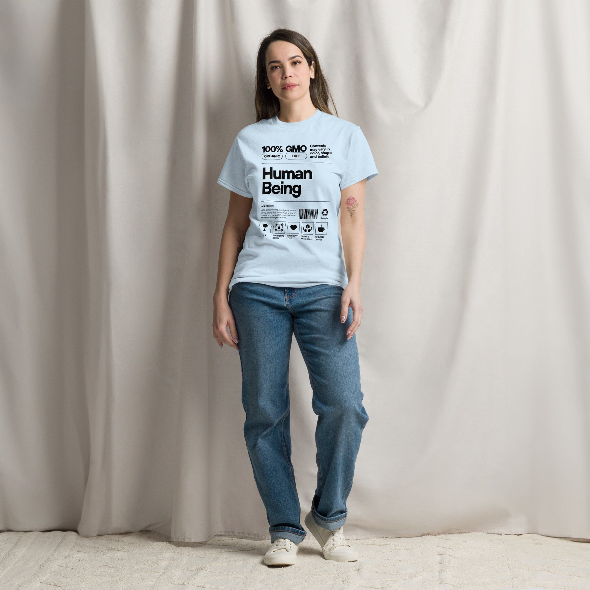 Human Being Label Tee- Funny Organic "Handle With Care" Graphic Shirt