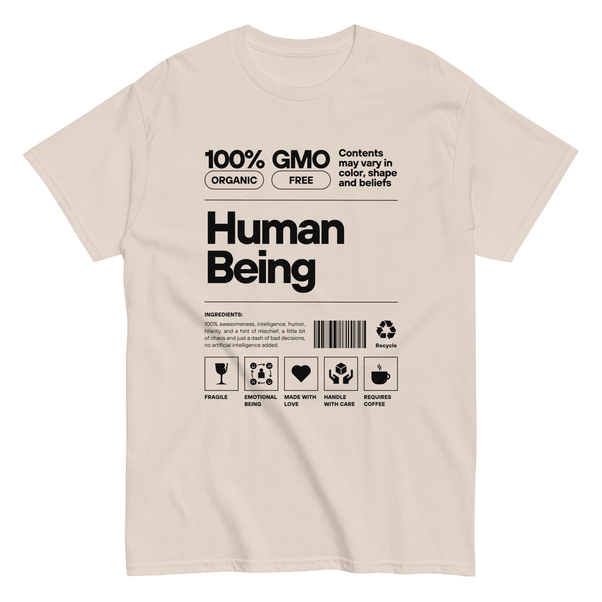 Human Being Label Tee- Funny Organic "Handle With Care" Graphic Shirt