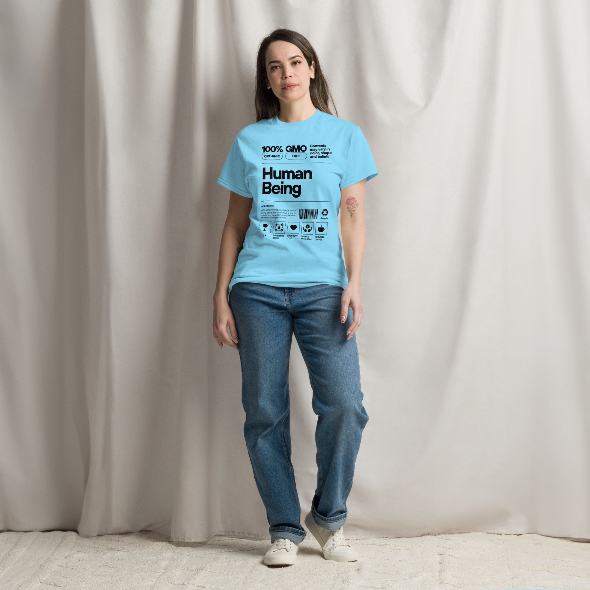 Human Being Label Tee- Funny Organic "Handle With Care" Graphic Shirt