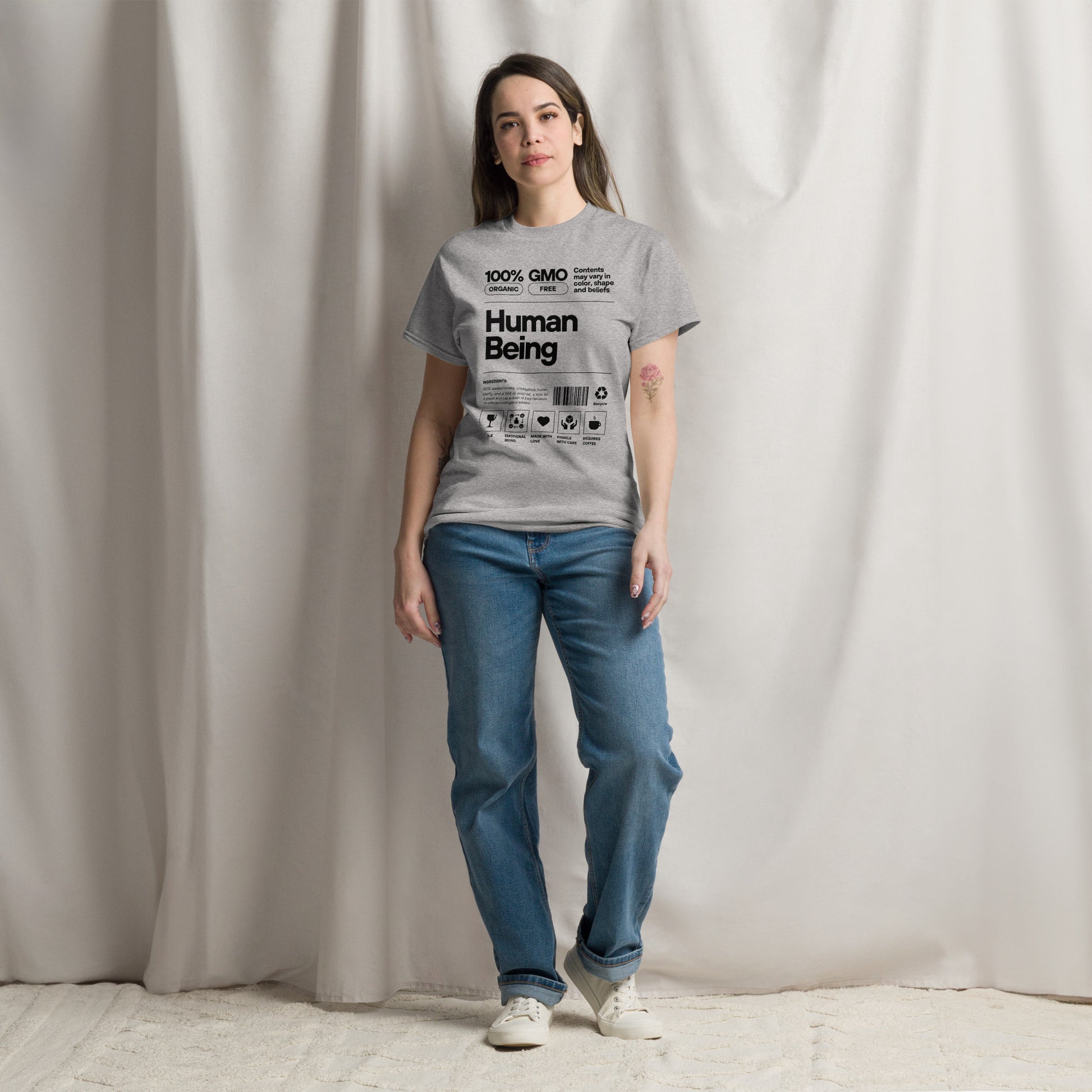 Human Being Label Tee- Funny Organic "Handle With Care" Graphic Shirt