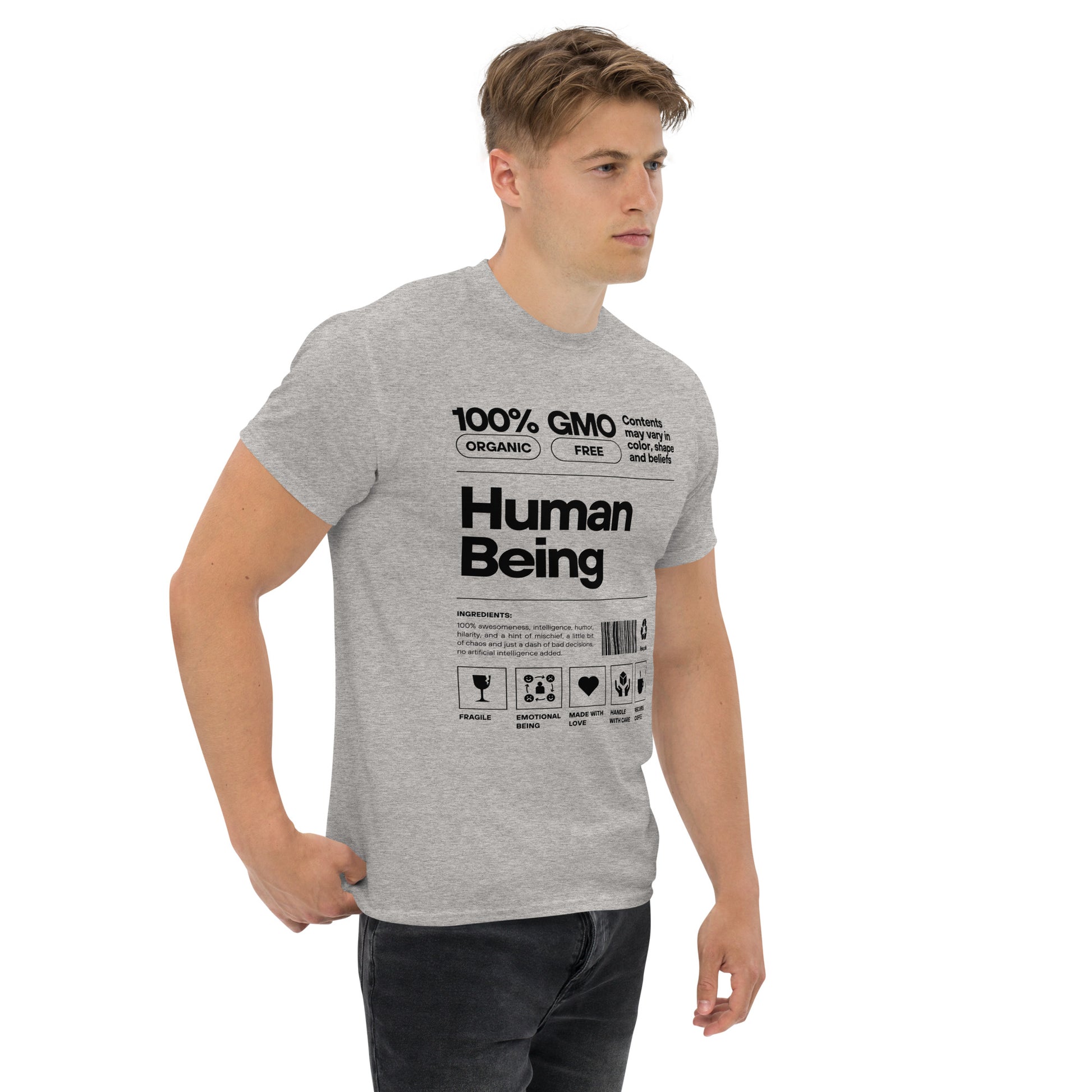 Human Being Label Tee- Funny Organic "Handle With Care" Graphic Shirt